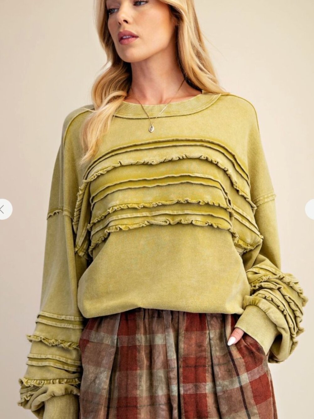 Easel Pistachio Ruffle Sweatshirt | Textured Boho Oversized Pullover NEW - Picture 2 of 4